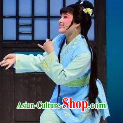 Chinese Shaoxing Opera Slave Girl Costumes and Hair Ornament Xiang Luo Ji Yue Opera Xiao Dan Garment Apparels Clothing Young Maidservant Dress
