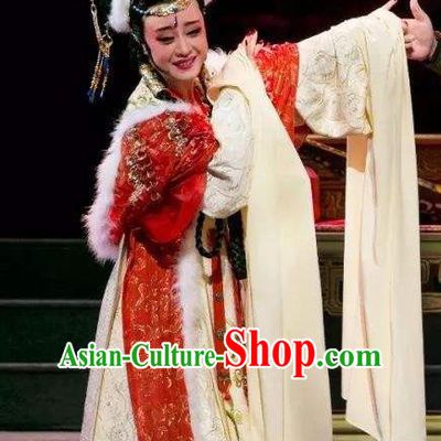 Chinese Shaoxing Opera Queen Actress Apparels Dress and Headdress The Desolate Palace of Liao Yue Opera Hua Tan Empress Xiao Guanyin Garment Costumes