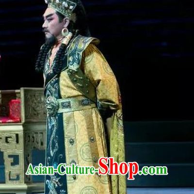 Chinese Yue Opera Royal King Costumes and Hat Shaoxing Opera The Desolate Palace of Liao Apparels Garment Emperor Clothing