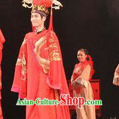 Chinese Yue Opera Bridegroom Costumes and Headwear Shaoxing Opera Ten Mile Dowry Traditional Wedding Apparels Young Male Garment Clothing