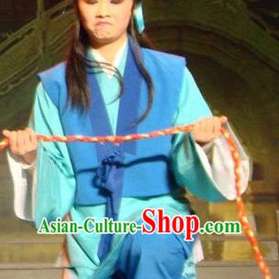 Lions Roar Chinese Yue Opera Young Servant Costumes and Headwear Shaoxing Opera Livehand Blue Garment Apparels