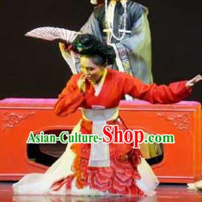 Chinese Shaoxing Opera Korean Geisha Hanbok Garment and Headpieces Chunh Yang Yue Opera Female Red Dress Costumes Apparels