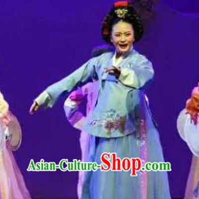 Chinese Shaoxing Opera Korean Elderly Female Hanbok Garment Apparels and Headpieces Chunh Yang Yue Opera Geisha Yue Mei Blue Dress Costumes