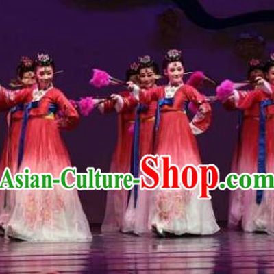Chinese Shaoxing Opera Geisha Red Korean Hanbok Apparels and Headdress Chunh Yang Yue Opera Young Female Dress Costumes Garment