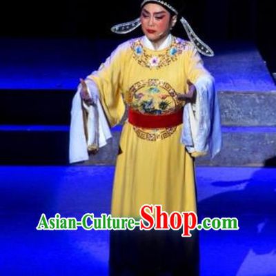 Chinese Yue Opera Young Male Costumes and Headwear Xun An Zhan Fu Shaoxing Opera Xiaosheng Garment Apparels Scholar Yellow Robe