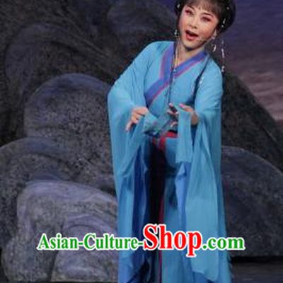 Chinese Shaoxing Opera Shepherdess Blue Dress Costumes and Headpieces The Princess Messenger Farewell at Lakeside Yue Opera Hua Tan San Niang Apparels Garment