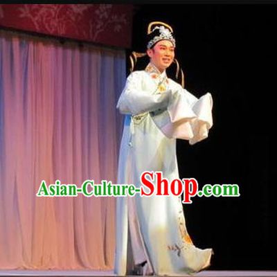 Zhuang Yuan Da Geng Chinese Yue Opera Xiao Sheng Shen Wensu Garment and Headwear Shaoxing Opera Young Male Costumes Apparels Scholar White Robe