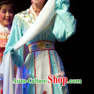 Chinese Shaoxing Opera Hua Tan Blue Dress Garment and Hair Jewelry Yue Opera Zhuang Yuan Da Geng Young Female Liu Chanjin Costumes Actress Apparels