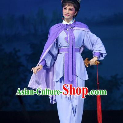 Chinese Shaoxing Opera Wudan Purple Dress Garment and Hair Accessories Yue Opera Zhuang Yuan Da Geng Martial Female Liu Chanjin Apparels Costumes