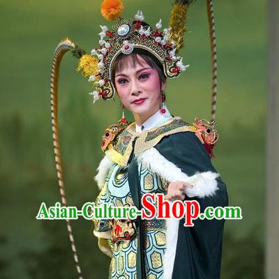 Chinese Shaoxing Opera Blues Dress Garment and Headpieces Yue Opera Zhuang Yuan Da Geng Martial Female Liu Chanjin Apparels Tao Ma Tan Armor Costumes