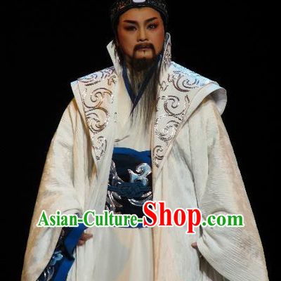 Chinese Yue Opera Elderly Male White Embroidered Robe Yu Beauty Laosheng Apparels Costumes and Headwear Shaoxing Opera Official Zhang Liang Garment
