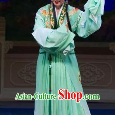 Chinese Shaoxing Opera Young Lady Green Dress Costumes Garment and Headpieces Tao Li Mei Yue Opera Huadan Yuan Yumei Female Apparels