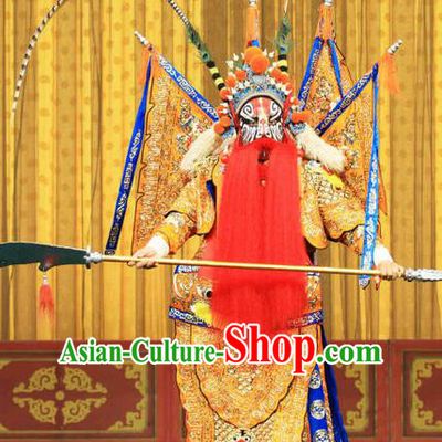 Fan Xi Liang Chinese Peking Opera Elderly Male Armor Suit with Flags Garment Costumes and Headwear Beijing Opera General Cao Hong Kao Apparels Clothing