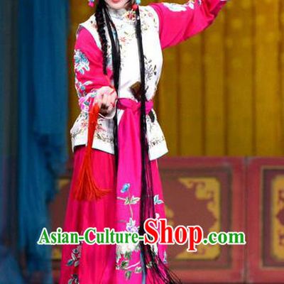 Chinese Beijing Opera Servant Girl Chun Lan Apparels Costumes and Headdress Tao Hua Cun Traditional Peking Opera Xiaodan Dress Young Lady Garment