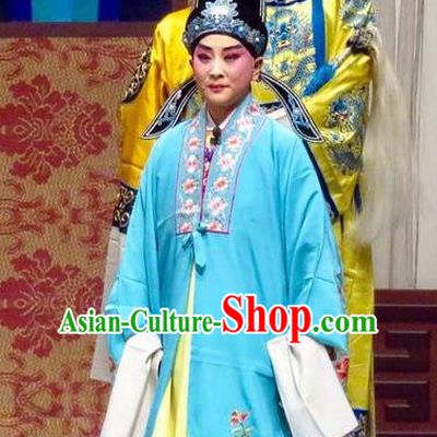 San Kan Yu Mei Chinese Ping Opera Niche Blue Costumes and Headwear Pingju Opera Young Male Apparels Scholar Feng Jiajin Clothing