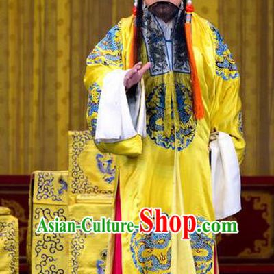 Yao Qi Chinese Peking Opera Elderly Male Garment Costumes and Headwear Beijing Opera Laosheng Apparels Emperor Liu Xiu Embroidered Robe Clothing