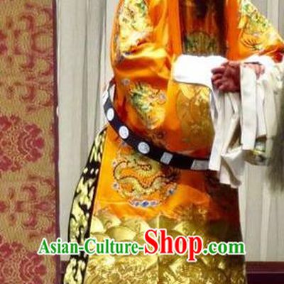 San Kan Yu Mei Chinese Ping Opera Emperor Golden Costumes and Headwear Pingju Opera Elderly Male Apparels Laosheng Clothing