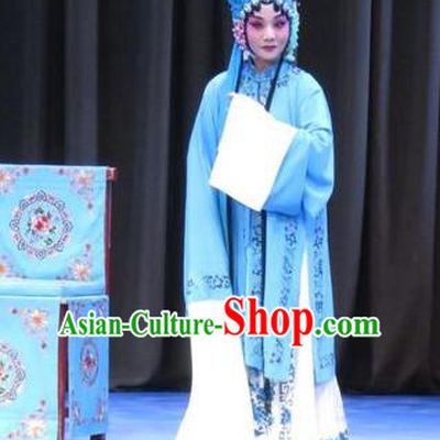 Chinese Ping Opera Hua Tan Blue Apparels Costumes and Headpieces Traditional Pingju Opera Zhou Ren Xian Sao Actress Dress Garment