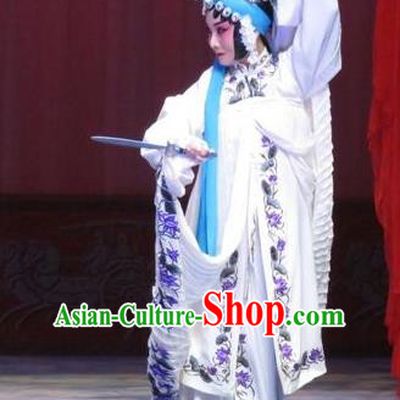Chinese Ping Opera Diva White Apparels Costumes and Headdress Traditional Pingju Opera Zhou Ren Xian Sao Actress Distress Maiden Dress Garment