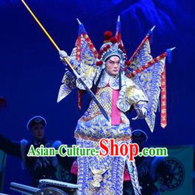 Di Qing Chinese Peking Opera Martial Male Kao Suit Garment Costumes and Headwear Beijing Opera Takefu Apparels General Armor with Flags Clothing