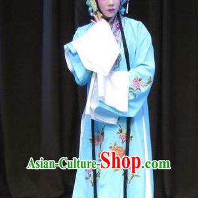 Chinese Ping Opera Hua Tan Apparels Costumes and Headdress Traditional Pingju Opera Zhou Ren Xian Sao Actress Diva Blue Dress Garment