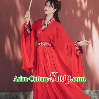 Chinese Ancient Bride Red Hanfu Dress Garment Traditional Jin Dynasty Royal Princess Wedding Historical Costumes Complete Set