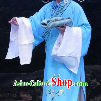 Pear Blossom Love Chinese Ping Opera Xiaosheng Costumes and Hat Pingju Opera Merchant Qian Youliang Apparels Young Male Blue Clothing