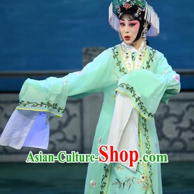 Chinese Beijing Opera Hua Tan Apparels Costumes and Headdress Xie Yaohuan Traditional Peking Opera Actress Green Dress Garment