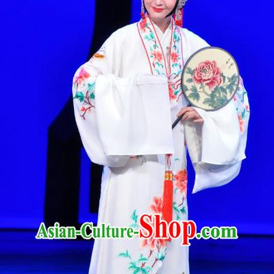 Chinese Beijing Opera Young Female Apparels Costumes and Headdress Xie Yaohuan Traditional Peking Opera Hua Tan White Dress Diva Garment