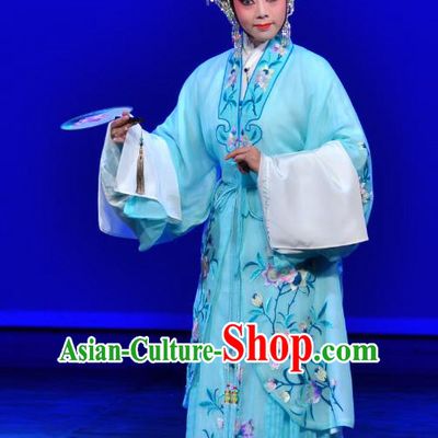 Chinese Beijing Opera Young Female Apparels Diva Costumes and Headdress Xie Yaohuan Traditional Peking Opera Hua Tan Blue Dress Garment