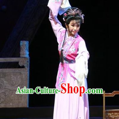 Chinese Ping Opera Court Maid Apparels Costumes and Headpieces Traditional Pingju Opera Palm Civet for Prince Diva Kou Zhu Pink Dress Garment
