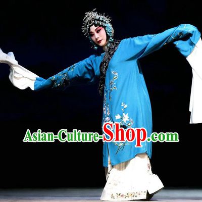 Chinese Beijing Opera Distress Maiden Apparels Hua Tan Costumes and Headdress Han Yuniang Traditional Peking Opera Diva Blue Dress Young Female Garment