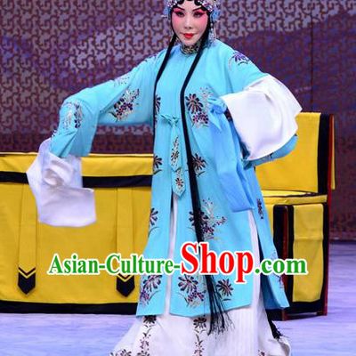 Chinese Beijing Opera Hua Tan Apparels Actress Costumes and Headdress Han Yuniang Traditional Peking Opera Blue Dress Diva Garment