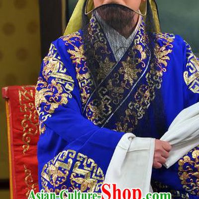 Nine Dragons Cup Chinese Peking Opera Old Man Garment Costumes and Headwear Beijing Opera Laosheng Apparels Elderly Male Blue Clothing