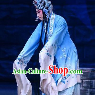 Chinese Beijing Opera Diva Li Qianjun Apparels Costumes and Headdress On A Wall and Horse Traditional Peking Opera Hua Tan Blue Dress Actress Garment