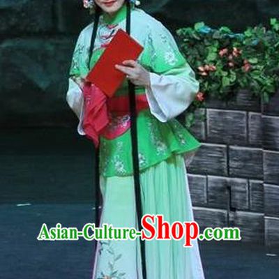 Chinese Beijing Opera Xiaodan Apparels Costumes and Headdress On A Wall and Horse Traditional Peking Opera Young Lady Dress Servant Girl Garment