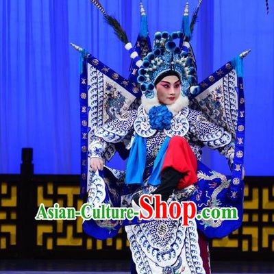 Romance of the Iron Bow Chinese Peking Opera General Armor Suits Garment Costumes and Headwear Beijing Opera Kao Apparels Martial Male Clothing with Flags