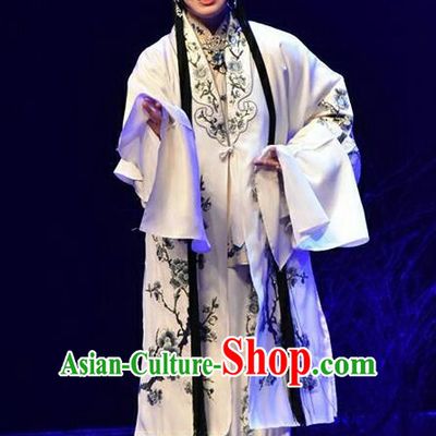 Chinese Beijing Opera Young Female Apparels Qing Tian Dao Costumes and Headpieces Traditional Peking Opera Distress Maiden White Dress Diva Garment