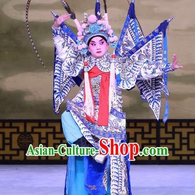 Jiu Jiang Kou Chinese Peking Opera Young General Garment Costumes and Headwear Beijing Opera Wusheng Apparels Martial Male Hua Yunlong Kao Armor Suit with Flags Clothing