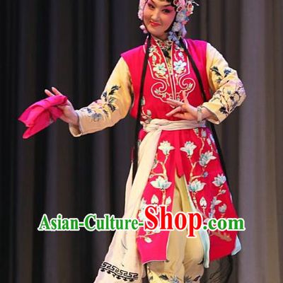Chinese Beijing Opera Xiaodan Apparels Ba Zhen Tang Costumes and Headpieces Traditional Peking Opera Servant Girl Chun Lan Rosy Dress Garment