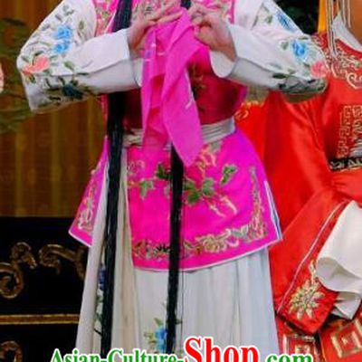 Chinese Beijing Opera Xiaodan Apparels Ba Zhen Tang Costumes and Headpieces Traditional Peking Opera Young Lady Rosy Dress Maidservant Chun Lan Garment