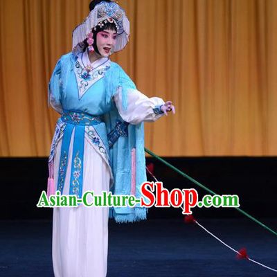 Chinese Beijing Opera Fisher Maiden Apparels Lian Jinfeng Costumes and Headdress Traditional Peking Opera Actress Dress Young Female Blue Garment