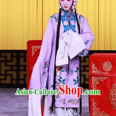 Chinese Beijing Opera Noble Woman Apparels Zhan Tai Ping Costumes and Headdress Traditional Peking Opera Young Mistress Purple Dress Garment