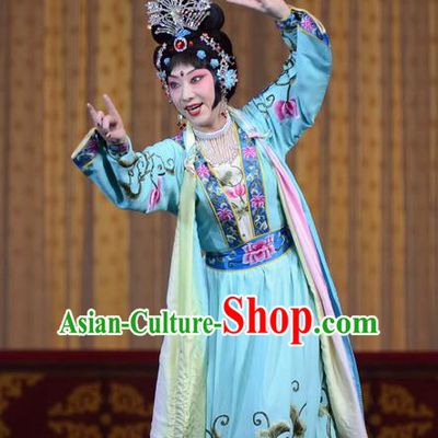 Chinese Beijing Opera Goddess Apparels Costumes and Headdress Petal Sprinkles From Heaven Traditional Peking Opera Hua Tan Blue Dress Garment