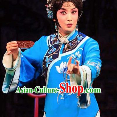 Chinese Beijing Opera Young Female Wang Zhuqing Apparels Yue Zhao Sai Bei Costumes and Headdress Traditional Peking Opera Blue Dress Garment