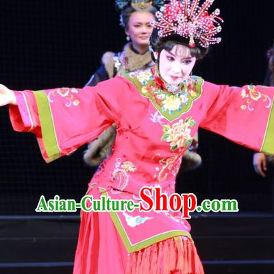 Chinese Beijing Opera Wedding Apparels Yue Zhao Sai Bei Costumes and Headdress Traditional Peking Opera Young Female Red Dress Bride Garment