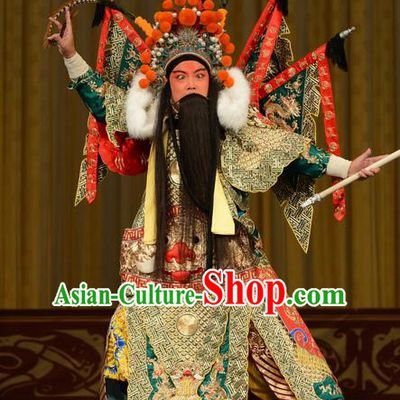 Zhan Jing Tang Chinese Peking Opera General Armor Garment Costumes and Headwear Beijing Opera Martial Male Wu Han Kao Apparels Clothing with Flags