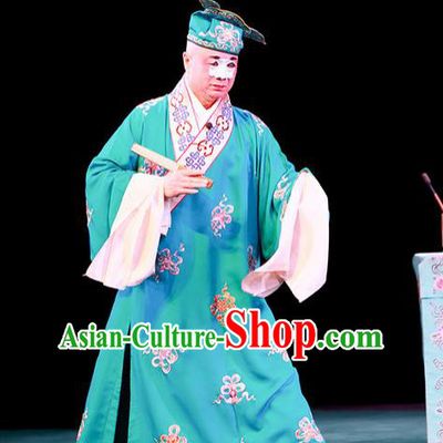 Shi Wen Hui Chinese Peking Opera Bully Garment Costumes and Headwear Beijing Opera Chou Apparels Young Man Niu Siwen Green Robe Clothing