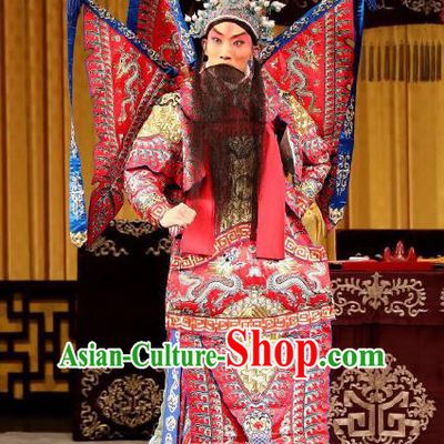 Yi Zhan Cheng Gong Chinese Peking Opera Military Officer Wang Ping Red Kao Garment Costumes and Headwear Beijing Opera Apparels Clothing General Armor Suit with Flags