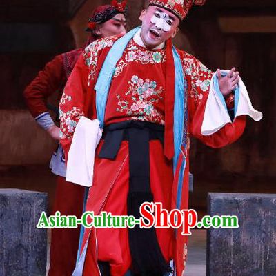 Seven Heros Five Gallants Chinese Peking Opera Chou Role Red Garment Costumes and Headwear Beijing Opera Clown Apparels Clothing
